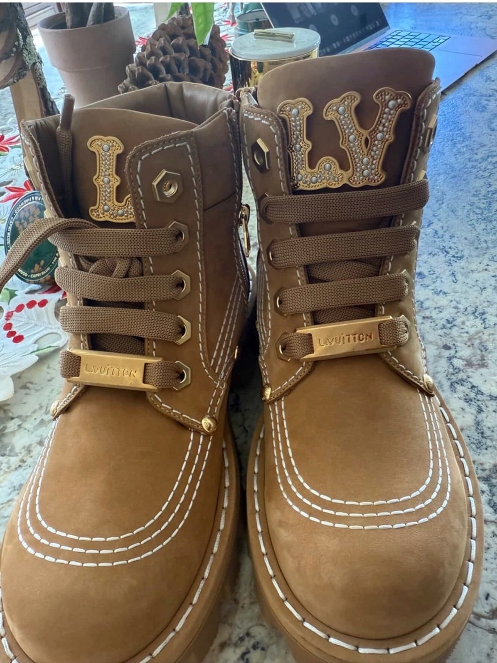 Louis Vuitton Tan Lace-Up Pearl-Trim Combat Boots - Picture 6 of 10